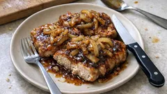 片栗粉でしっとり柔らかく—玉ねぎ甘だれのポークステーキ(フライパンで簡単)